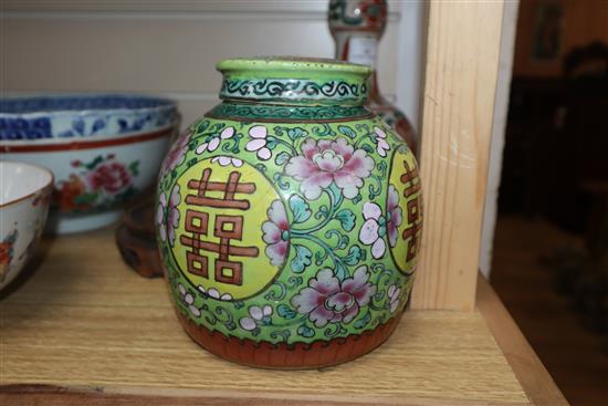 An 18th century Chinese famille rose cup and other Chinese porcelain tallest 40cm sq.